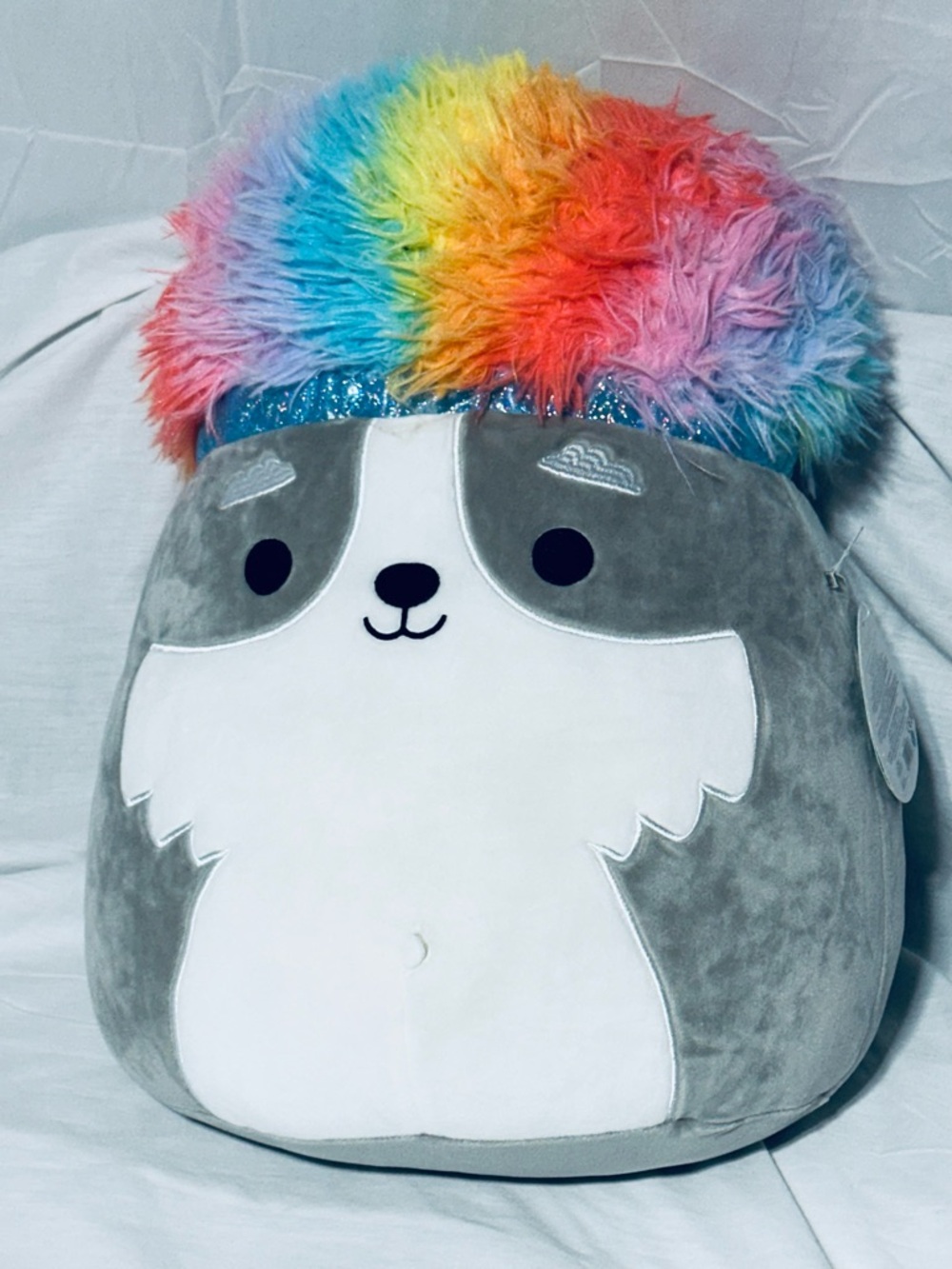 Squishmallow Rainbow Faux Fur Hat Grey Plush Animal Pillow